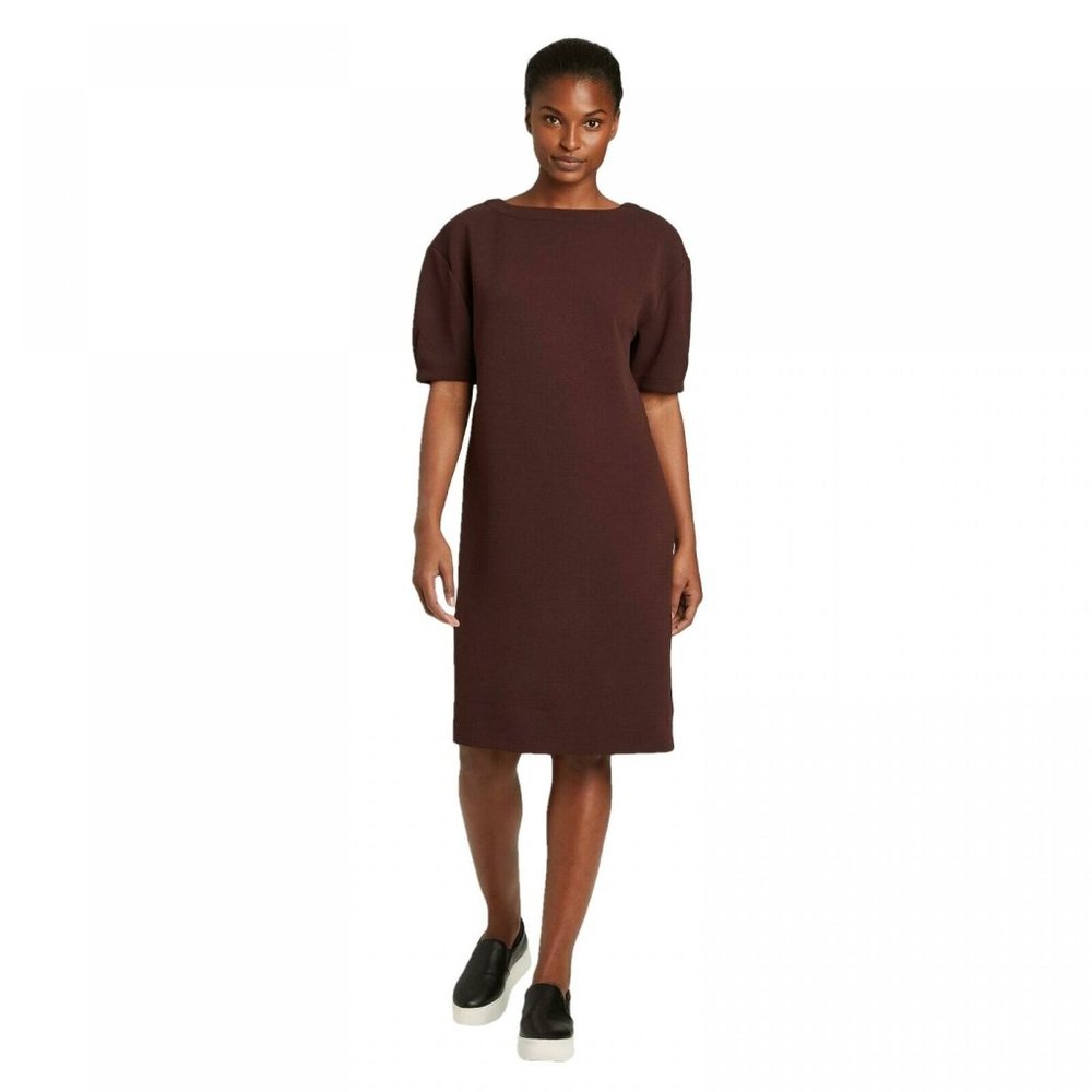 Textured Burgundy/Brown Puff Sleeve Dress - Picture 2 of 6